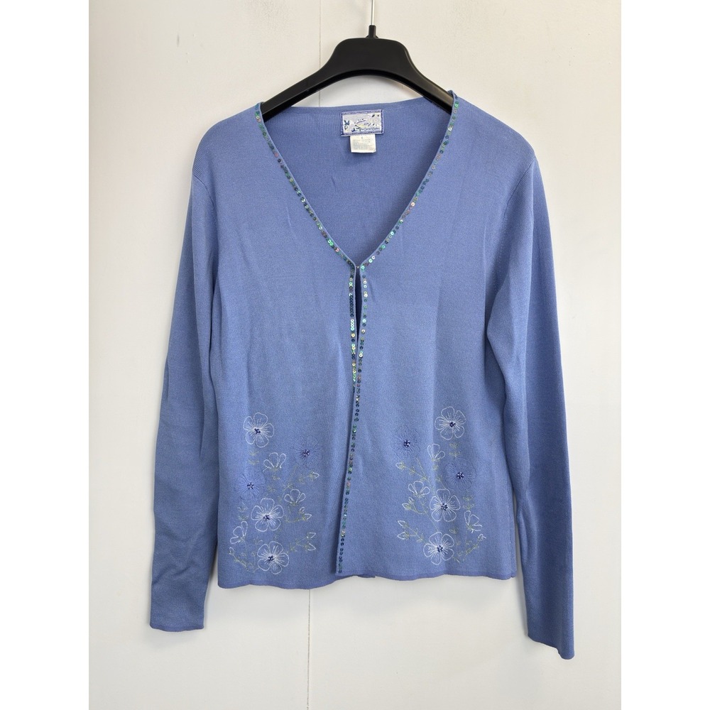 April Cornell Retro Cardigan Embroidered Sequin Trim Sweater Women's S Blue